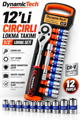 12'li 1/2 Çırçırlı Lokma Takımı 8-24 Mm Krom Vanadyum Çelik Profesyonel Set