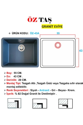 Öztaş ÖZ-43a Granit Mutfak Eviye Antrasit Tek Gözlü 43 x 55 CM