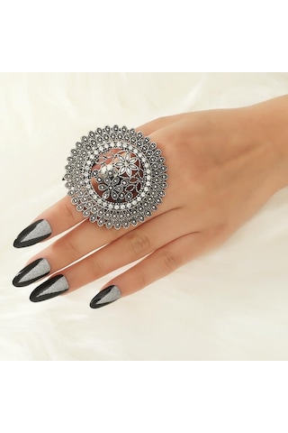 Gümüş Büyük Altın Rengi Kadın Midi Yüzük İşlemeli Çiçek Desenli Retro Parti Gümüş