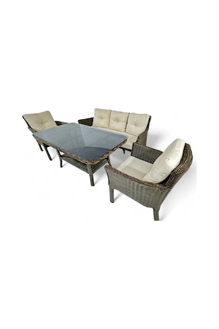 Wellagarden Premium Okyanus Rattan Üçlü Bahçe Koltuk Takımı Kahve, 2 Puf Kahverengi