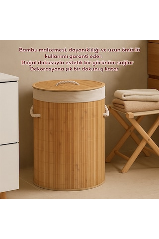 Porsima Pbt-052 Kapaklı Kirli Çamaşır Sepeti Yuvarlak - Bambu Kirli Çamaşır Sepeti Bambu