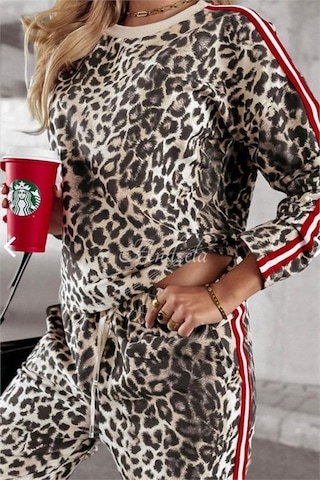Dip Moda Kadın Leopar Desenli Çizgi Detaylı Takım Dpnbasp7233 Bej
