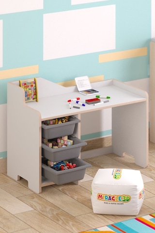 Miracle 3d Çocuk Çalışma Masası 90x45 Cm 3 Sepetli Çocuk Çalışma Masası Sandalye Yoktur Beyaz