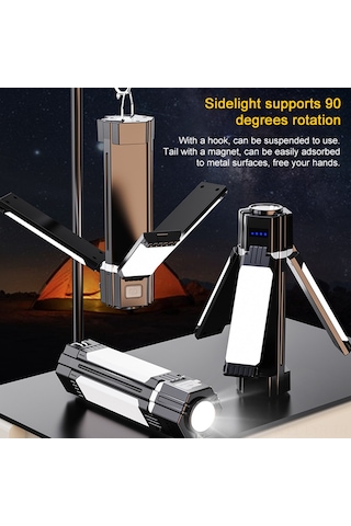 Ranyeek Led Çok Fonksiyonlu El Feneri, Cob Yanal Işık, 5 Aydınlatma Modu, 3000mah Powerbank, Siyah, Kamp/hiking İçin Dayanıklı Abs Siyah