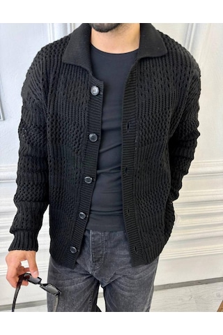 Elku Moda Hırka Oversize Özel Örgülü Triko Desenli Salaş Örgü Hırka Siyah