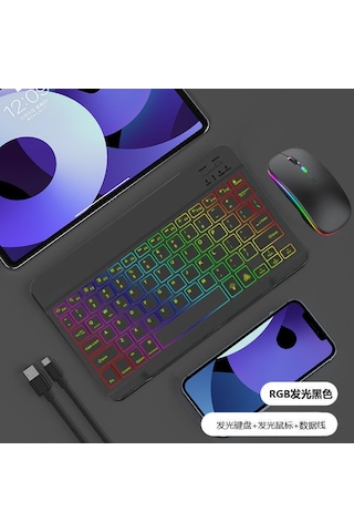 Yaozixa Siyah Rgb Renkli Işıklı Kablosuz Klavye Fare Seti - İpad, Telefon Ve Tablet Uyumlu, 10 İnç Bluetooth Klavye İle Parlak Fare Diğer