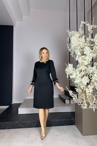 Ges Moda G0904 Kolları Otriş ve Taş Detaylı Elbise Siyah-siyah
