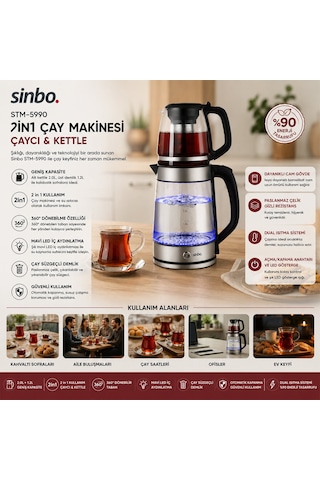 2in1 Çaycı - Kettle Çelik Elektrikli Çay Makinesi 2lt + 1,2lt Çay Süzgeçli 360 Dönebilir Stm-5990