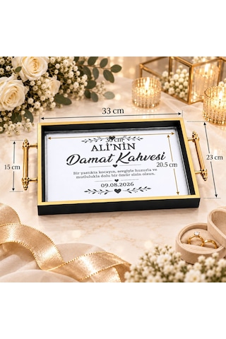 Bk Gift Kişiye Özel Siyah&gold Söz Nişan Tepsisi-1 - 39x23 Cm Çok Renkli