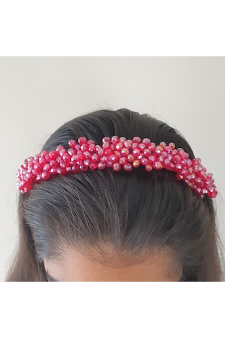 Kırmızı Kristal Boncuklu Gelin Tacı