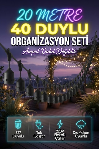 20 Metre 40 Duy Organizasyon Seti E27 Dış Mekan Uyumlu 220v Bahçe Teras Festoon Ampulsüz Yoğun Işık Zinciri Tak Çalıştır Siyah