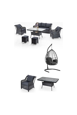 Dora Garden Home Ecem 7 Kişilik Rattan Bahçe Mobilyası Ve Tek Kişilik Rattan Salıncak Seti-antrasit