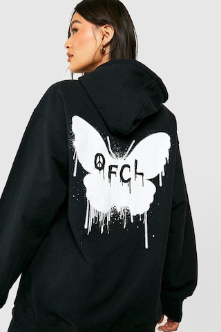 Siyah Butterfly Oversize Sweatshirt - Baskılı Oversize Kapüşonlu Siyah