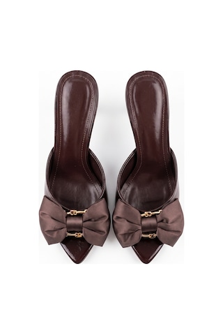 V.s.h Velvet Kadın Fiyonklu 8 Cm Kahverengi Topuklu Terlik / Siloy-2468