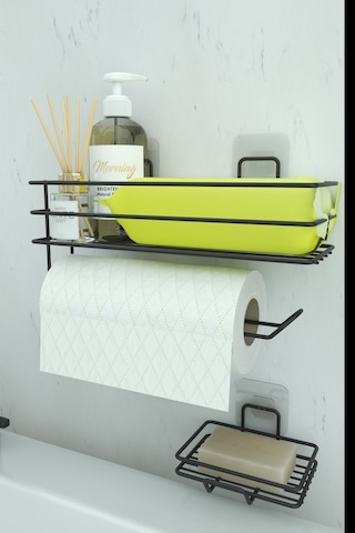 Zabata Yapışkanlı Banyo Rafı Kağıt Havlu Tutacağı Ve Metal Sabunluk Set Düzenleyici Siyah