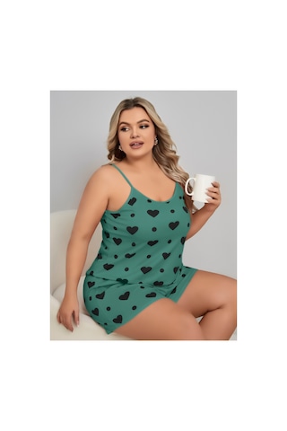 Lily Bianca Nightwear Desenli Askılı Ve Şortlu Büyük Beden Penye Gecelik Yeşil