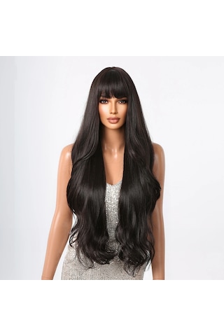 Kadın's Peruk 30 İnç Uzun Siyah Kıvırcık Saç Peruk Patlamalı Doğal Görünümlü Dalgalı Per Sentetik Saç Peruk Kaynak Çıtçıt 58638592