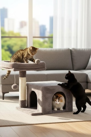 Pet Kedi Tırmalama Tahtası Stepli Yuvalı Antrasit, Kedi Tırmalama Evi, Kedi Oyun Evi