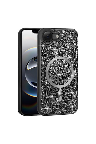 Apple iPhone Uyumlu,  17e Kılıf Pırlanta Tasarımlı M-safe Şarj Özellikli Zore Mozaik Silikon Kapak - Siyah