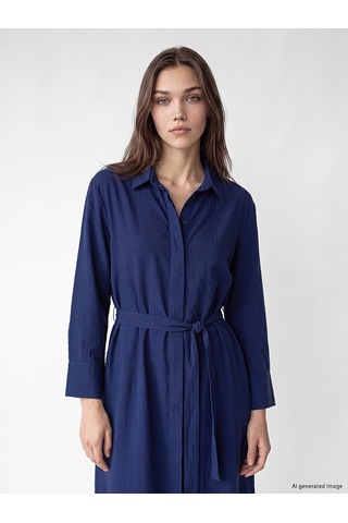 Lcw Modest Lacivert Beli Kuşaklı Modal Karışımlı Gömlek Elbise