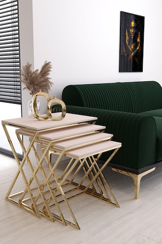 Masal 4'lü Zigon Gold Kaplama Krem Mdf Mebran Sehpalar Krem Ayakları Gold