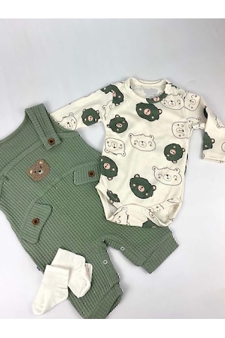 Tr Myzi Store Bebek Erkek 3'lü Tulum Takımı Salopet Ve Çorap Seti Ayıcık Desenli Badi Ayı Nakışlı Pamuklu Un