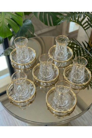 Elta Collection 12 Parça 6 Kişilik Kristal Kesim Çay Takımı Cam Çay Bardağı Ve Tabak Seti Altın