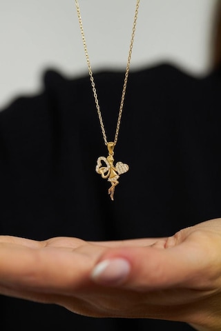 Zirkon Taşlı Gold Kalpli Aşk Perisi Gümüş Kolye