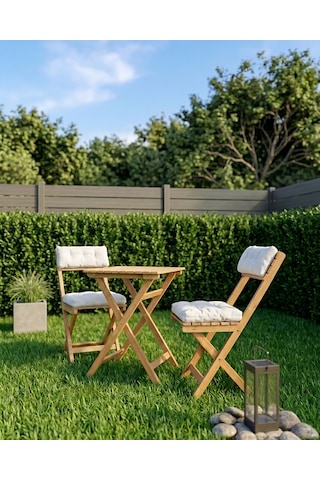 Duo Balkon Bahçe Mutfak Katlanır Masa Bej Rengi Minderli Sandalye Bistro Set Bej - Krem