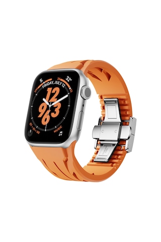 Apple Watch 10 46mm Uyumlu Krd-127 Metal Tokalı Silikon Kordon Turuncu