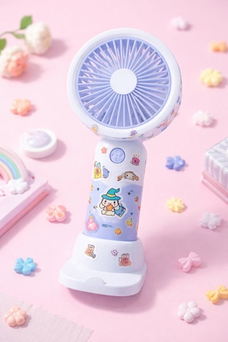 Sevimli Karakterli Şarjlı El Fanı 3 Kademeli Serinletici Vantilatör Kuromi Stickerlı Fan