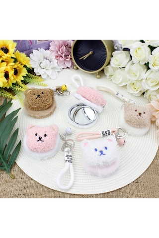 Peluş Cep Ayna Kedi Veya Ayı Figürlü Anahtarlık Tozlu Pembe