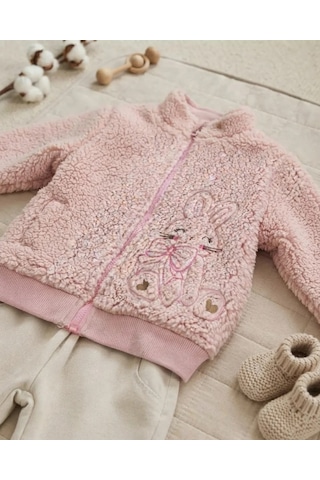 Tuffy Pembe Tavşan Detaylı Kız Bebek Kuzu Polar Hırka