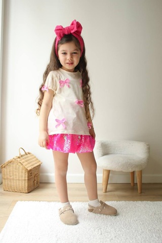 Kız Çocuk Şeker Pembe Parlak Payet Kumaş Balon Etek Fiyonk Nakışlı T-shirt Altüst Takım Pembe