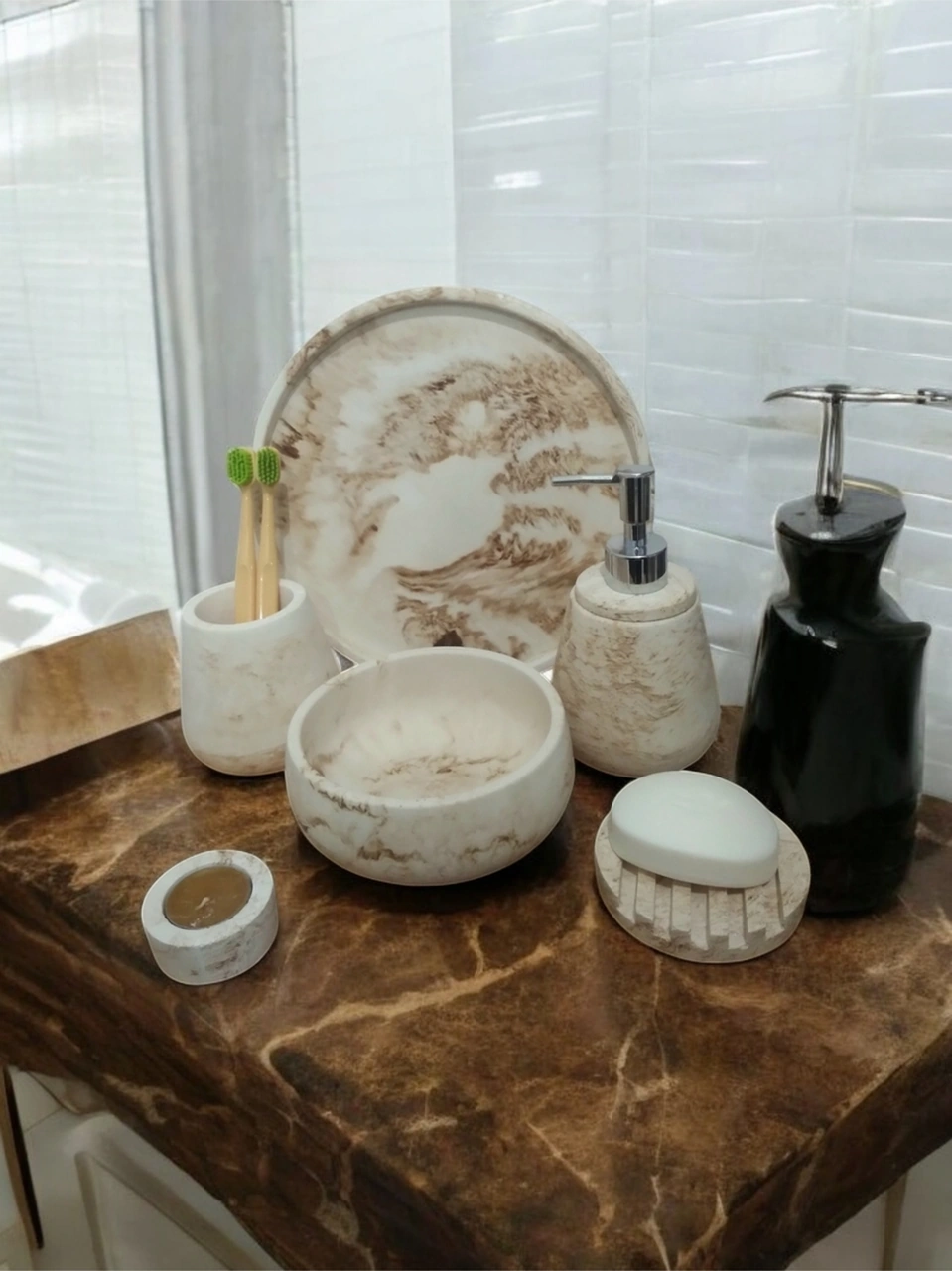 6'lı Mermer Desen Bej Beton Banyo Seti ,sabunluk,diş Fırçalığı,tepsi,mumluk,havluluk, Aksesuar Bej