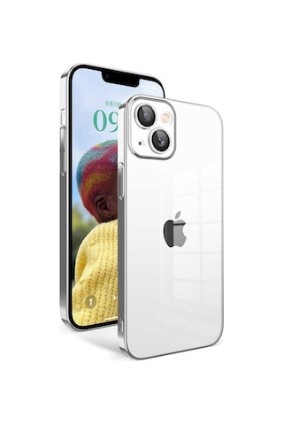 Apple Uyumlu iPhone 14 ile Kapak Lens Korumalı Arkası Şeffaf Sert Mika Kılıf - Gümüş