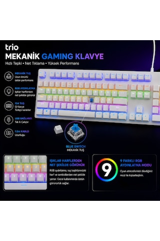 Trio G8219x Rgb Blue Switch Mekanik Oyuncu Klavyesi Türkçe Q Kablolu Bilek Destekli Beyaz