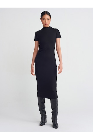 Dilvin 91297 Streç Örme Midi Elbise Siyah