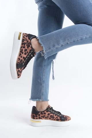 Dmr Elegance Mına Bağcıklı Ortopedik Taban Leopar Desenli Kadın Sneaker Spor Ayakkabı Tbt - Kahverengi