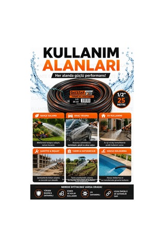 Patlamaz 1/2 İnç 25 Metre Termoplastik Su Hortumu 2x Extra Strong Yüksek Basınca Dayanıklı Esnek Bah