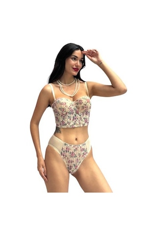 Onsekiz18shop Destekli Güllü Ten Rengi Çiçek Baskılı Büstiyer Takım