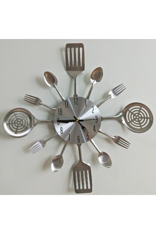 Homyl 3d Duvar Saati Mutfak Paslanmaz Çelik Çatal Bıçak Simli Simli