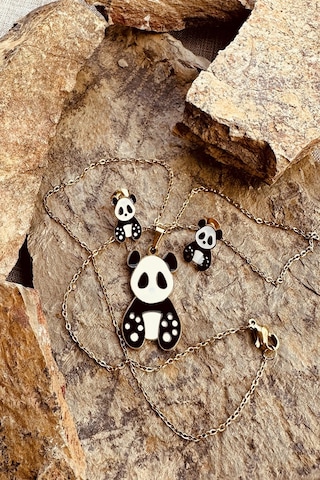 Patili Panda Siyah Beyaz Mineli Altın Renk Çelik Çocuk Takı Set
