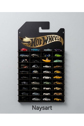 Hotwheels Premium Temalı Siyah Mdf Raflı Pleksi Logolu 40 Arabalık Duvar Rafı Kartonet 1/64 Diecast Araba İçin