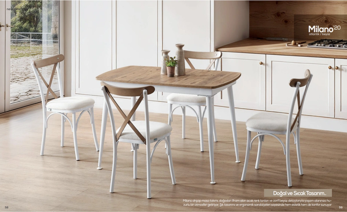 Dengema Milano 20 Açılır Masa Takımı Ceviz Desen & Beyaz Ayak 80 125 165 Cm, 4 Sandalyeli Ceviz Desen - Beyaz Ayak