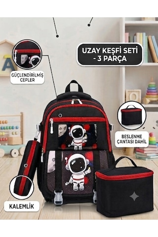 İlkokul 3 Lü Set Karekter Desenli Laptop Bölmeli Kalemlik,beslenme Çantalı Erkek Çocuk Okul Sırt Çantası 41 27 17 Cm siyah