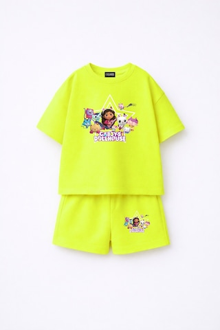 Fasardi Gabby's Dollhouse / Gabby'nin Hayal Evi Baskılı Oversize %100 Pamuk Tişört Şort 2li Çocuk Takım Sarı