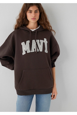 Mavi Logo Baskılı Kapüşonlu Kahverengi Sweatshirt 1600361-70222