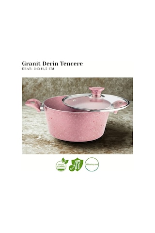 24 Cm Granit Derin Tencere Cam Kapak - Pembe Pembe