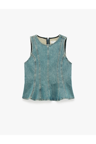 Koton Pamuklu Bisiklet Yaka Fermuarlı Nervürlü Kolsuz Denim Bluz Ovd 6sal30031md